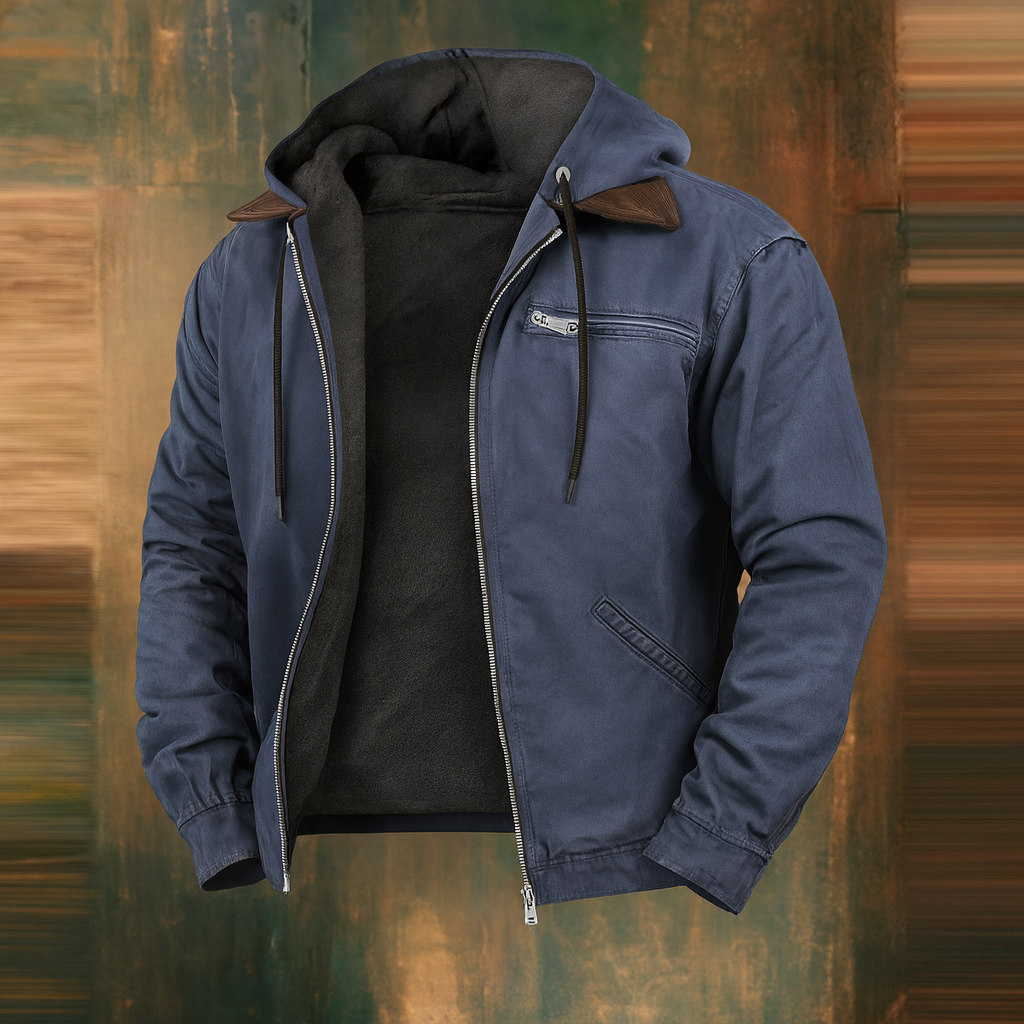 Navy blue version of the hooded jacket, unzipped to reveal black fleece lining, with brown collar patches and a zipped chest pocket. 4