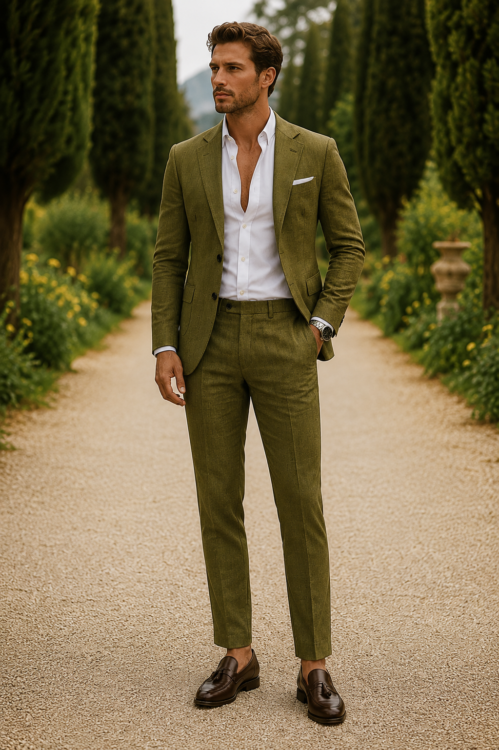 Full-length front view of a model in the olive green suit with white shirt and brown loafers 14