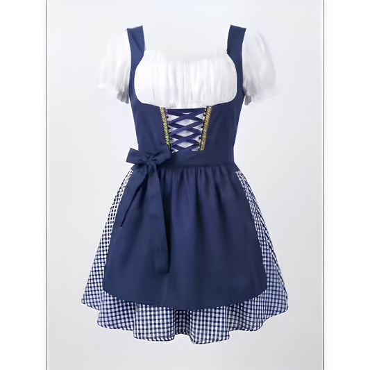 Front view of the navy blue dirndl on a mannequin, showing the laced bodice, apron bow and checked underskirt 2