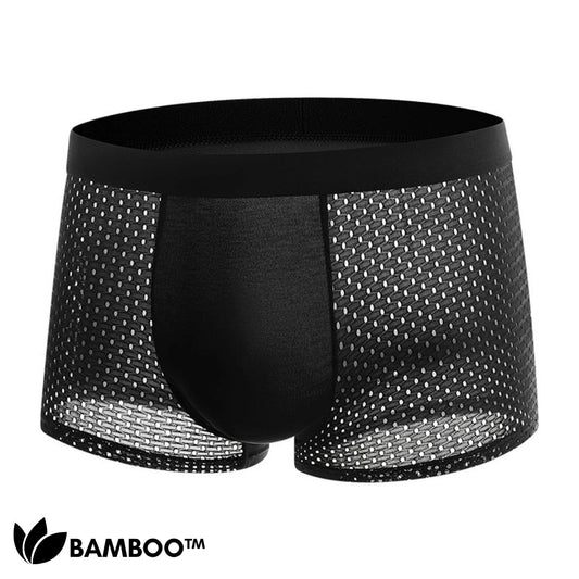 Single black boxer brief seen from the front, with a smooth centre panel and perforated mesh sides. 1