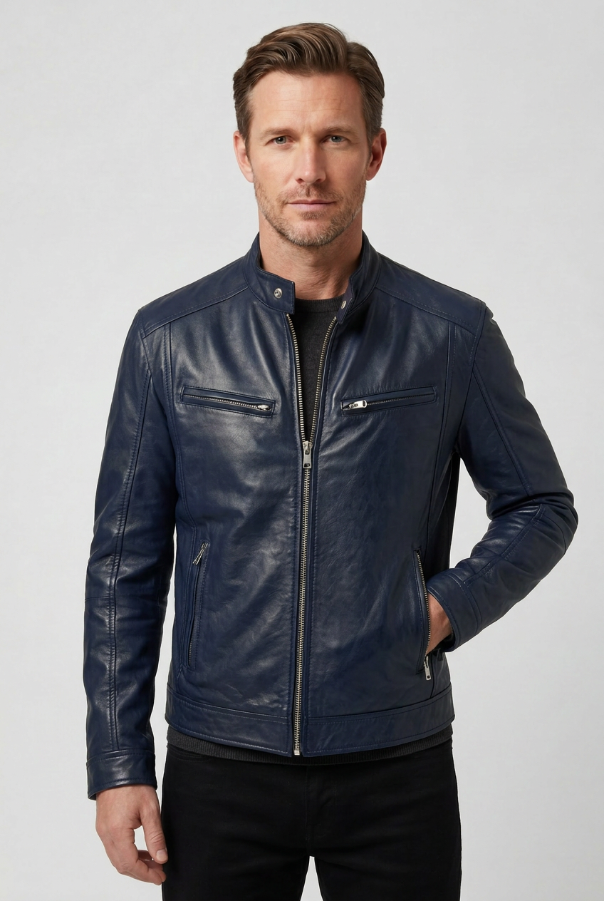 Front view of a model wearing the navy blue jacket zipped up, hand in pocket 7