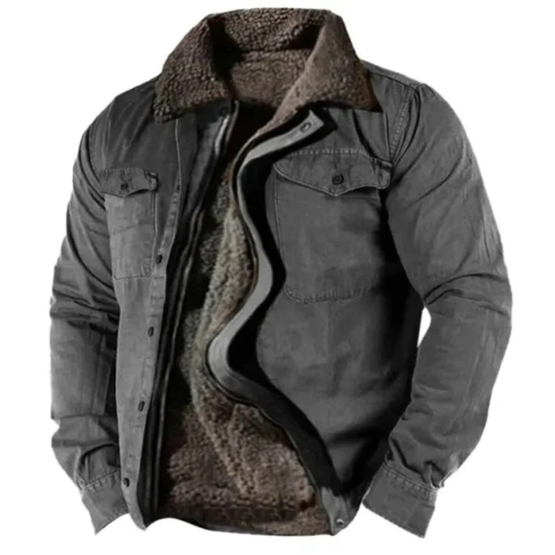 Grey version of the jacket, partly unzipped to show the brown fleece lining and collar 8