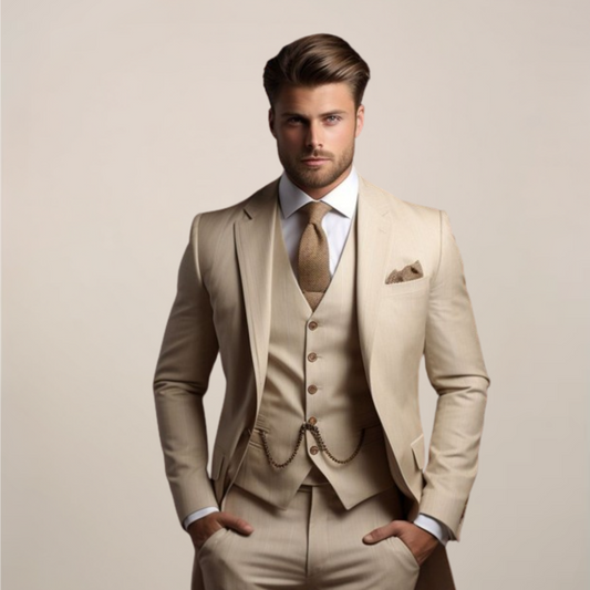 Model with hands in pockets wears the beige jacket, waistcoat with pocket chain and trousers, plus a knitted tie and pocket square. 1