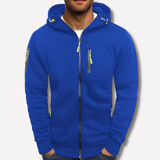 Royal blue zip-up hoodie with lime green zip pulls and drawcords, worn by a model against a plain light background. 2