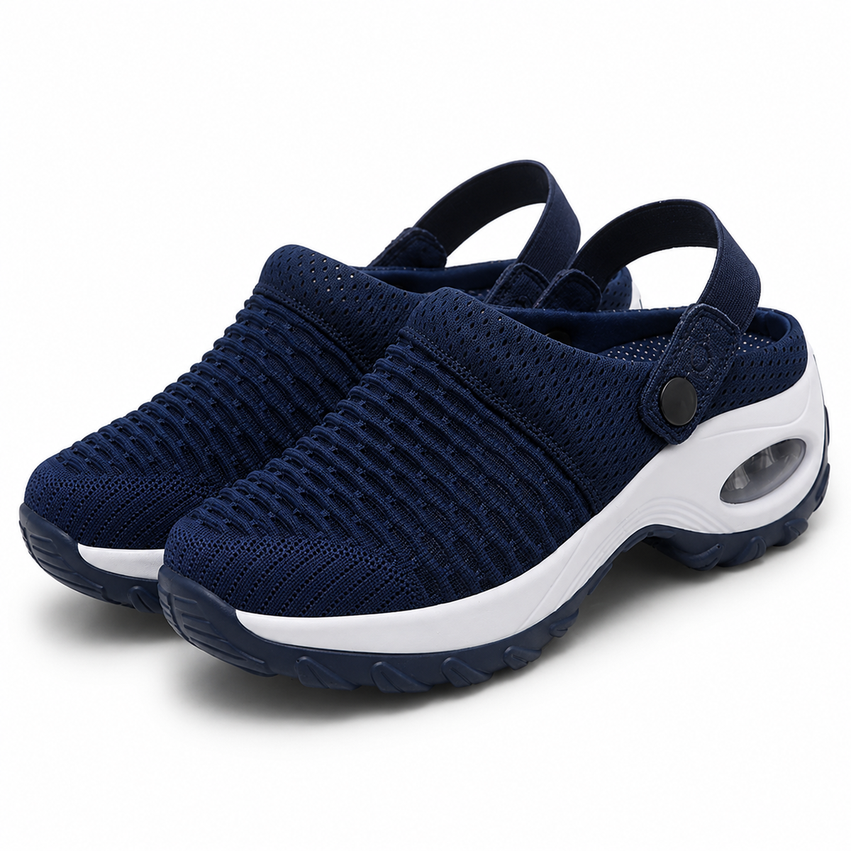 Pair of navy blue ribbed mesh clogs with elastic heel straps, snap buttons and a white air-cushion sole. 8