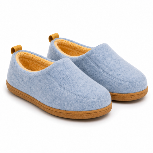Pair of light blue felt-style slippers seen from the front, with soft yellow fleece lining, tan hard sole and yellow heel loops. 1