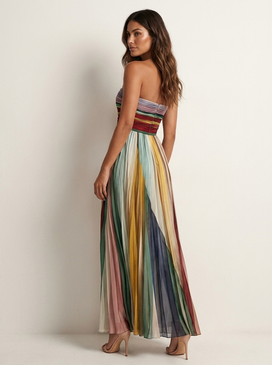 Back view of the strapless pleated maxi dress, showing the ruched bodice, rear zip and flowing multicoloured skirt, worn with nude heels. 2
