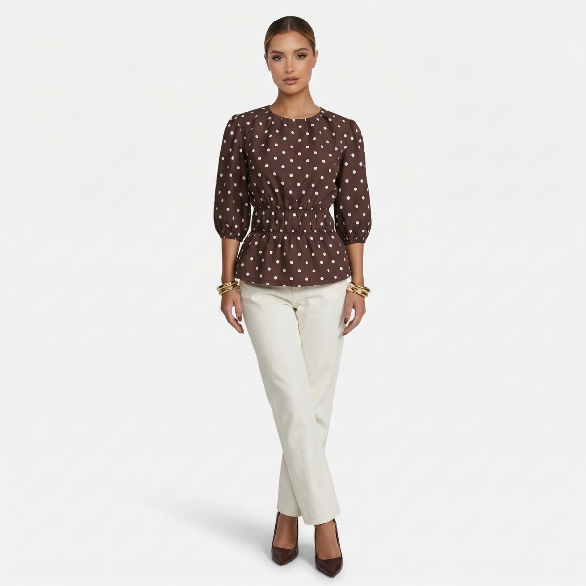 Polka Dot Blouse Women's Puff Sleeve Shirred Waist Peplum Hem