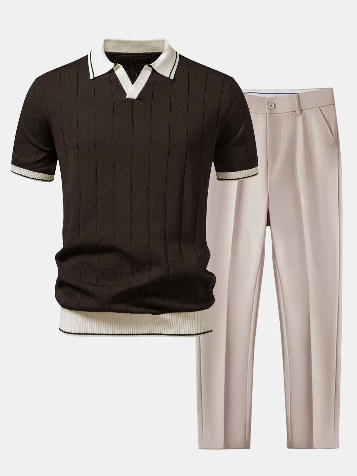 Flat lay of a dark brown ribbed knit polo with cream trim, paired with light beige tapered trousers. 5