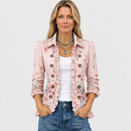 Woman wearing the pink floral jacket open over a white top and jeans, front view 2