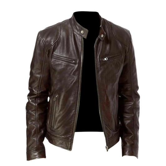 Front view of the jacket in dark brown glossy leather, unzipped, showing the stand collar with snap tab and zipped chest pockets. 1