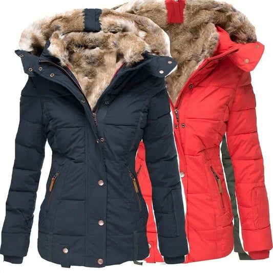 Navy and red quilted parkas side by side, both with fur-lined hoods and button placket 2