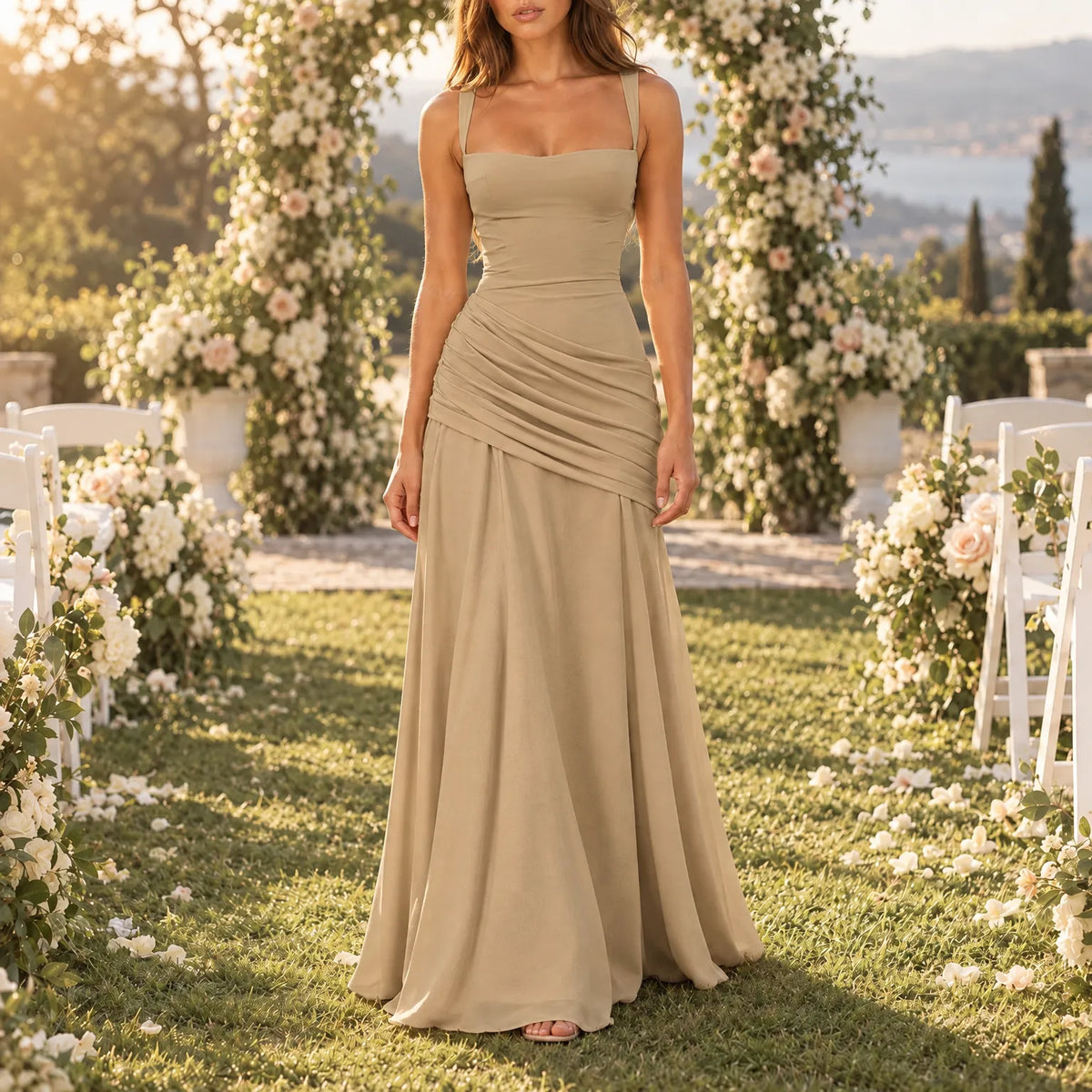 Beige maxi dress with square neck and gathered waist, worn by a model in a sunlit floral wedding garden setting. 29