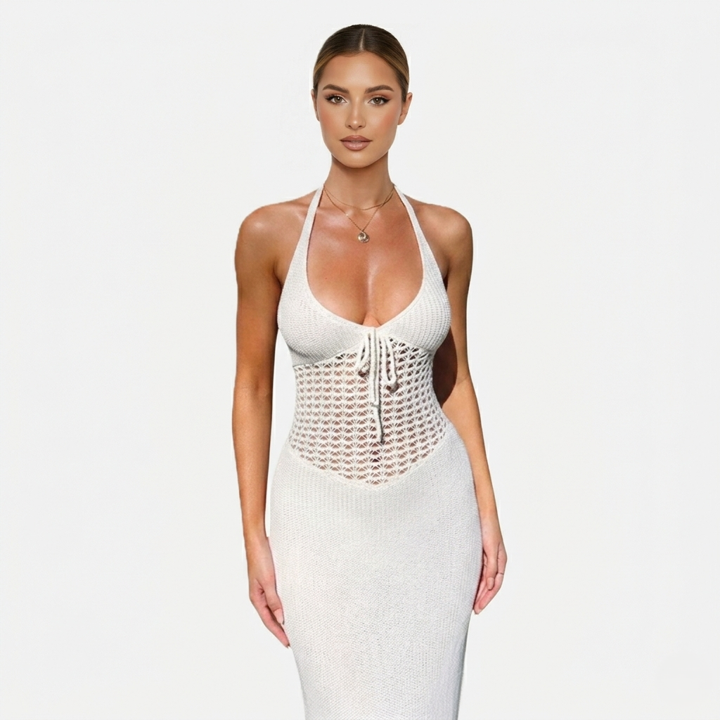 Maxi Dress Women's Knit Halter Neck Tie Back Cut Out Detail