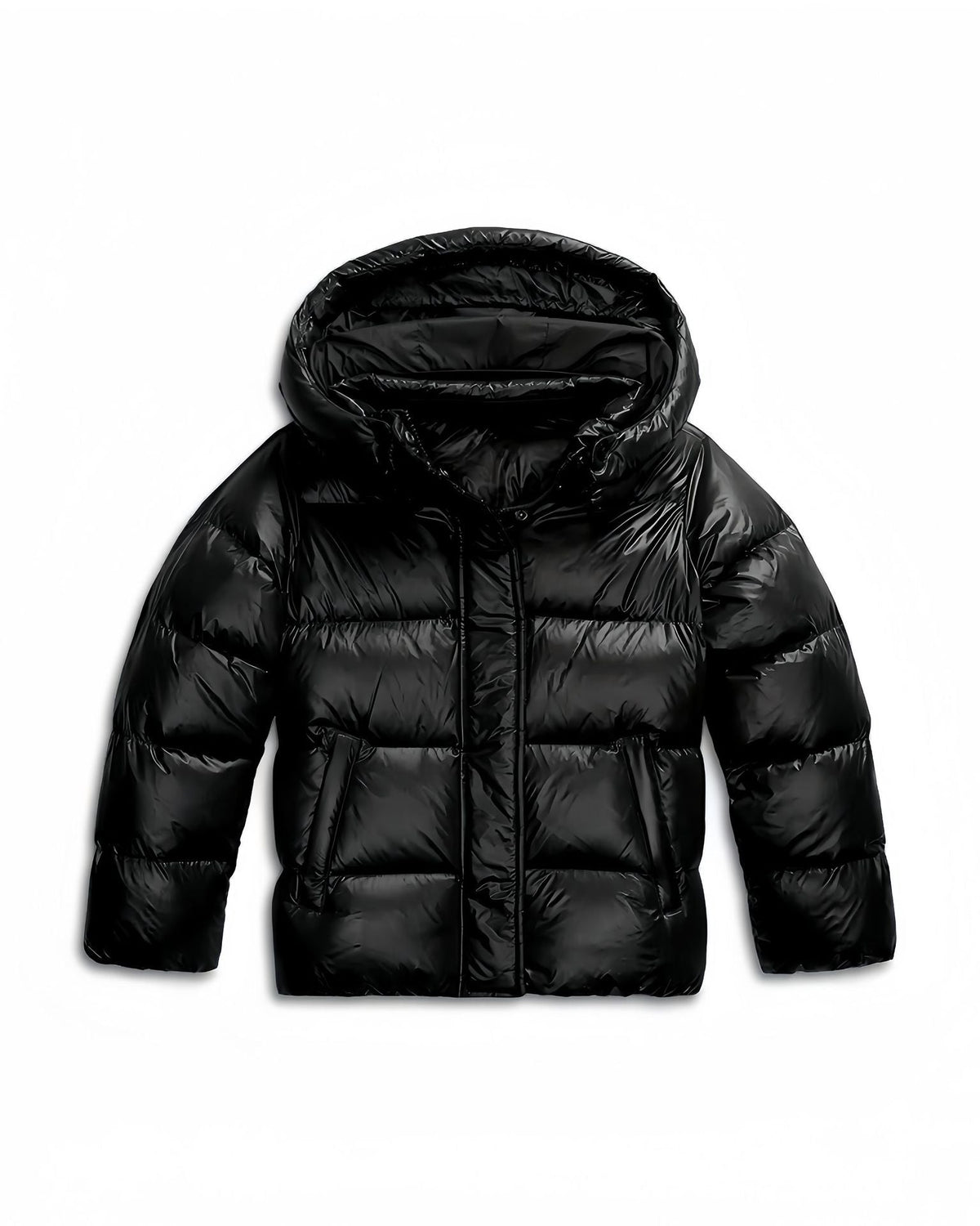Second front view of the shiny black puffer jacket, hood up, showing the horizontal quilting and pockets from a slightly different crop. 5