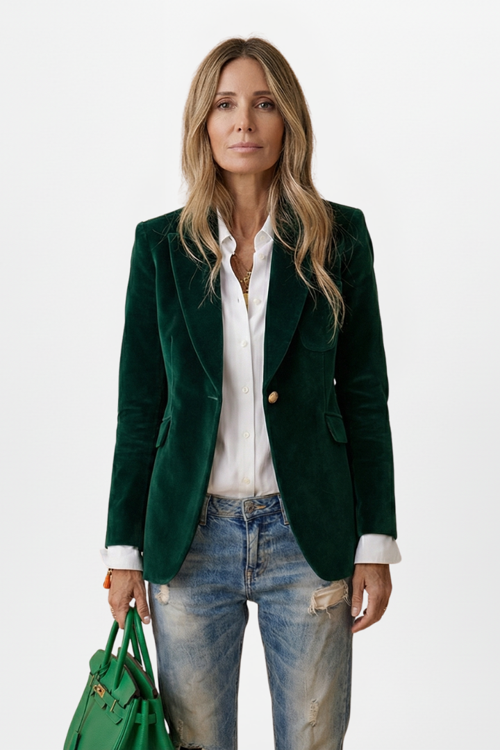 The blazer in dark green velvet, worn by a model with a white shirt and jeans 8