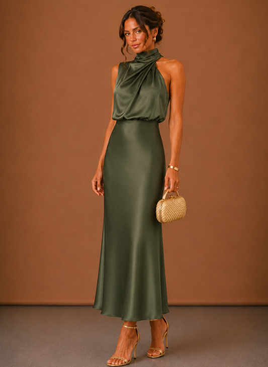 Full-length front view of the olive green satin halter maxi dress with draped neckline, worn with gold sandals and a woven clutch. 1