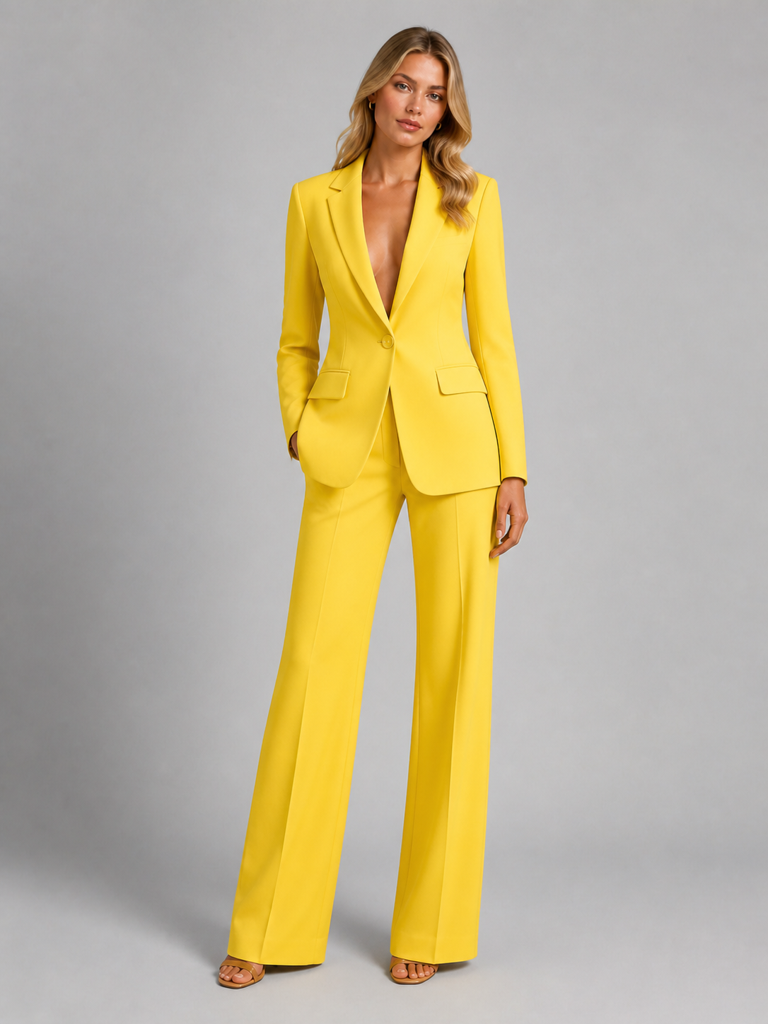 Model in the bright yellow blazer and wide-leg trousers, one hand in a pocket, standing in nude heeled sandals. 7