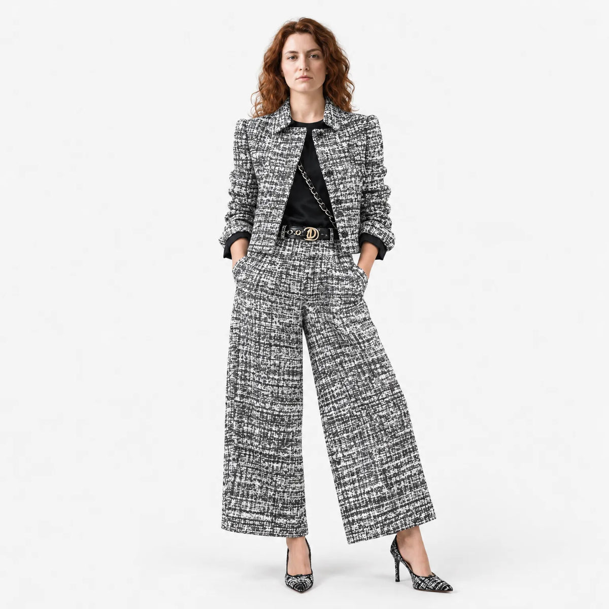 Women's Tailored Two-Piece Textured Trousers Suit Set with Wide-Leg Trousers