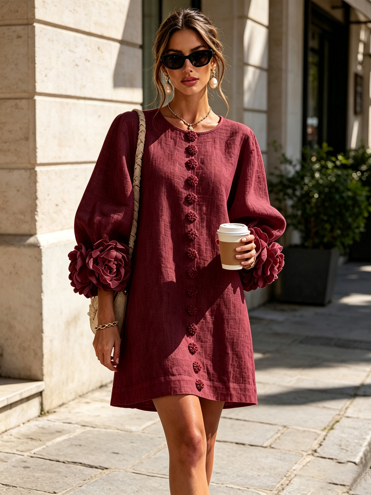 Burgundy mini dress worn outdoors in sunshine, with flower buttons, rose cuffs, a braided shoulder bag and a coffee cup. 38