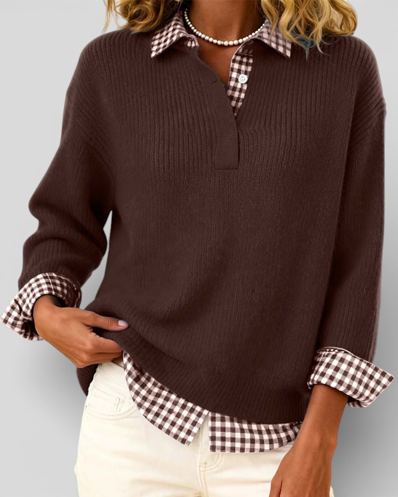Brown ribbed jumper over a gingham shirt, model with one hand tucked into the waistband of cream trousers. 10