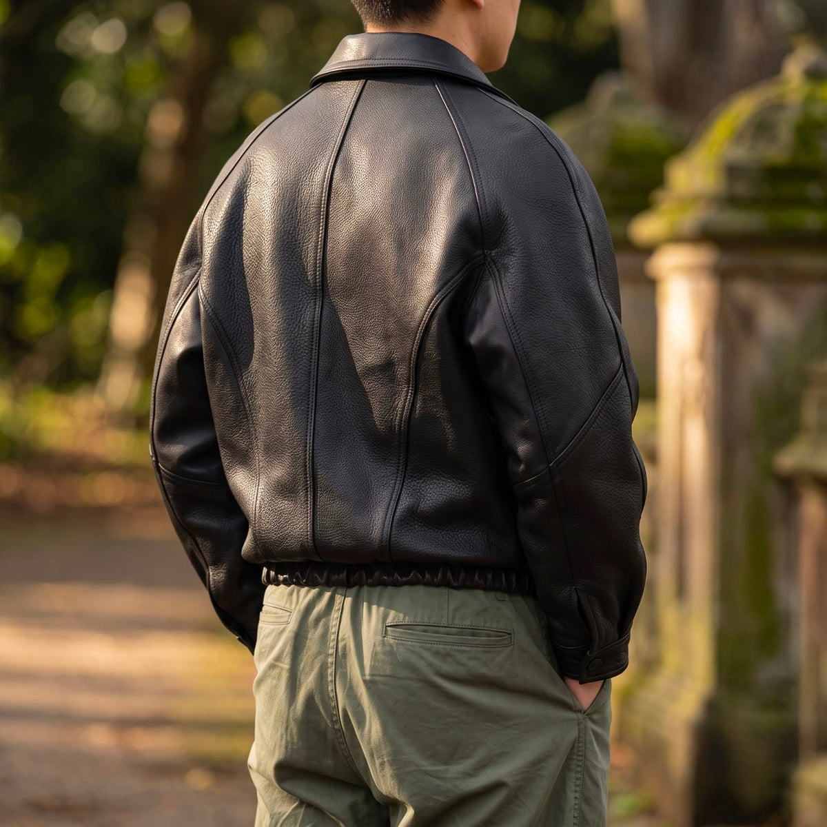Back view of the black leather jacket worn outdoors with green trousers, showing panelled seams and the elasticated waistband. 3