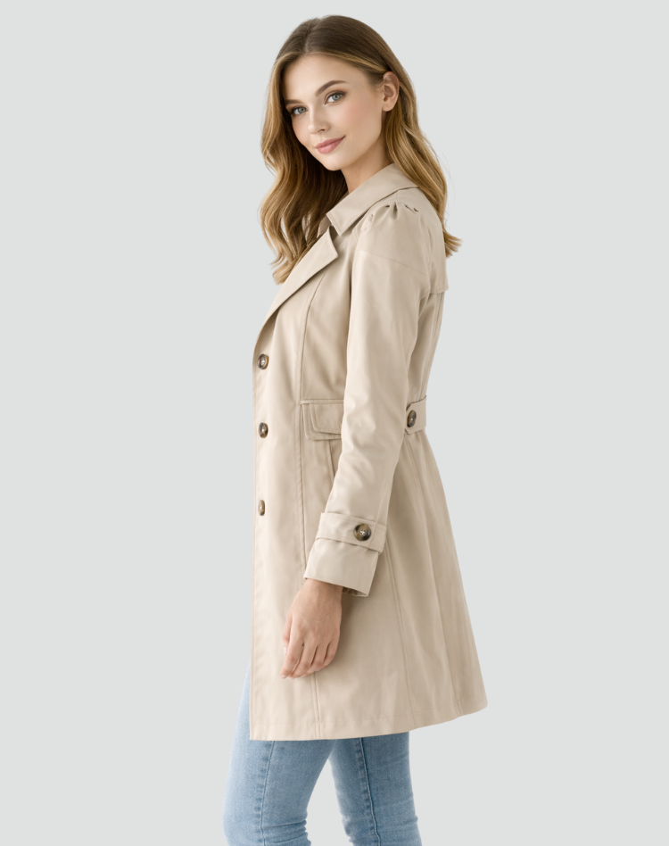 Side view of the beige coat showing the sleeve cuff tab, waist flap and gently flared skirt. 6