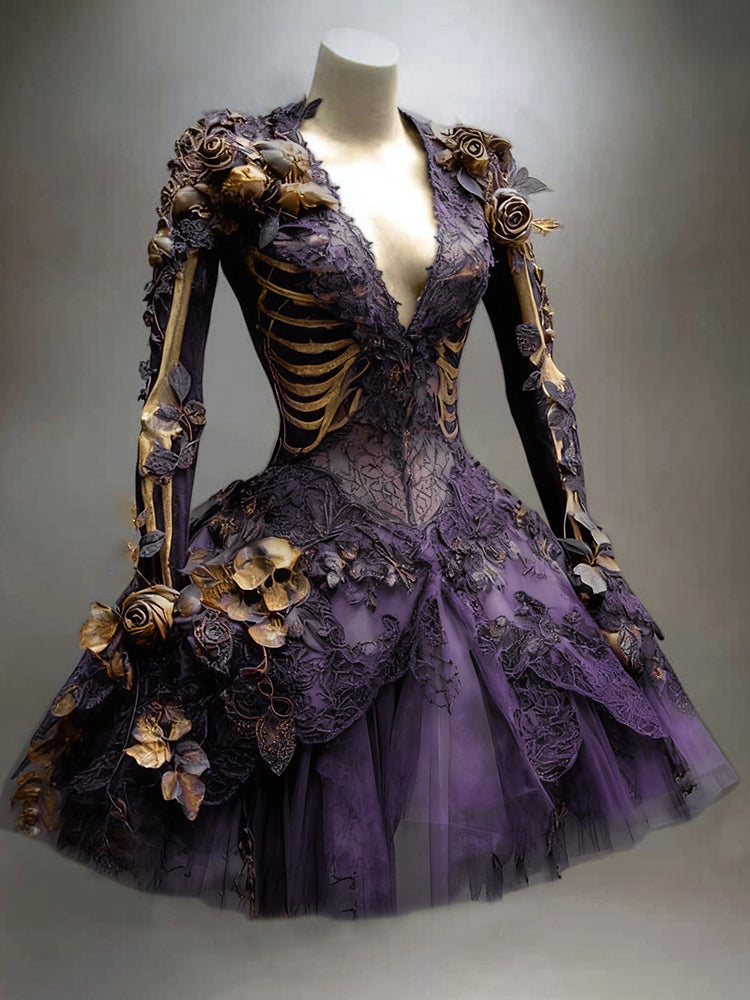 Purple version on a mannequin, with gold skeleton bones, lace appliqué, gilded roses and a small golden skull on the layered tulle skirt. 6