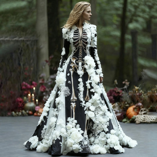 Model wears the black skeleton-print long-sleeved maxi dress trimmed with white three-dimensional roses, standing among autumn flowers and pumpkins. 2