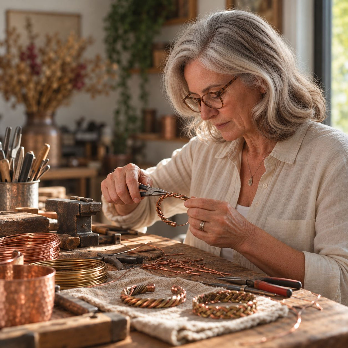 Woman in glasses twisting copper wire with pliers at a workbench, with finished twisted cuffs in front 5
