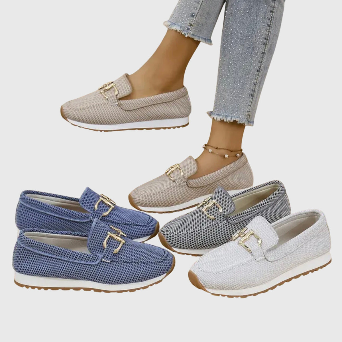 Loafers in blue, beige, dark grey and light grey shown together, one pair worn 10