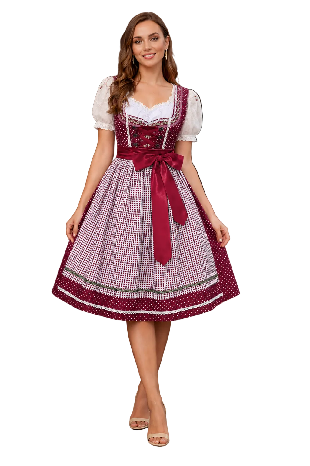 Front view on a model of a burgundy polka dot dirndl with white puff-sleeve blouse, checked apron and satin bow tied at the waist. 1