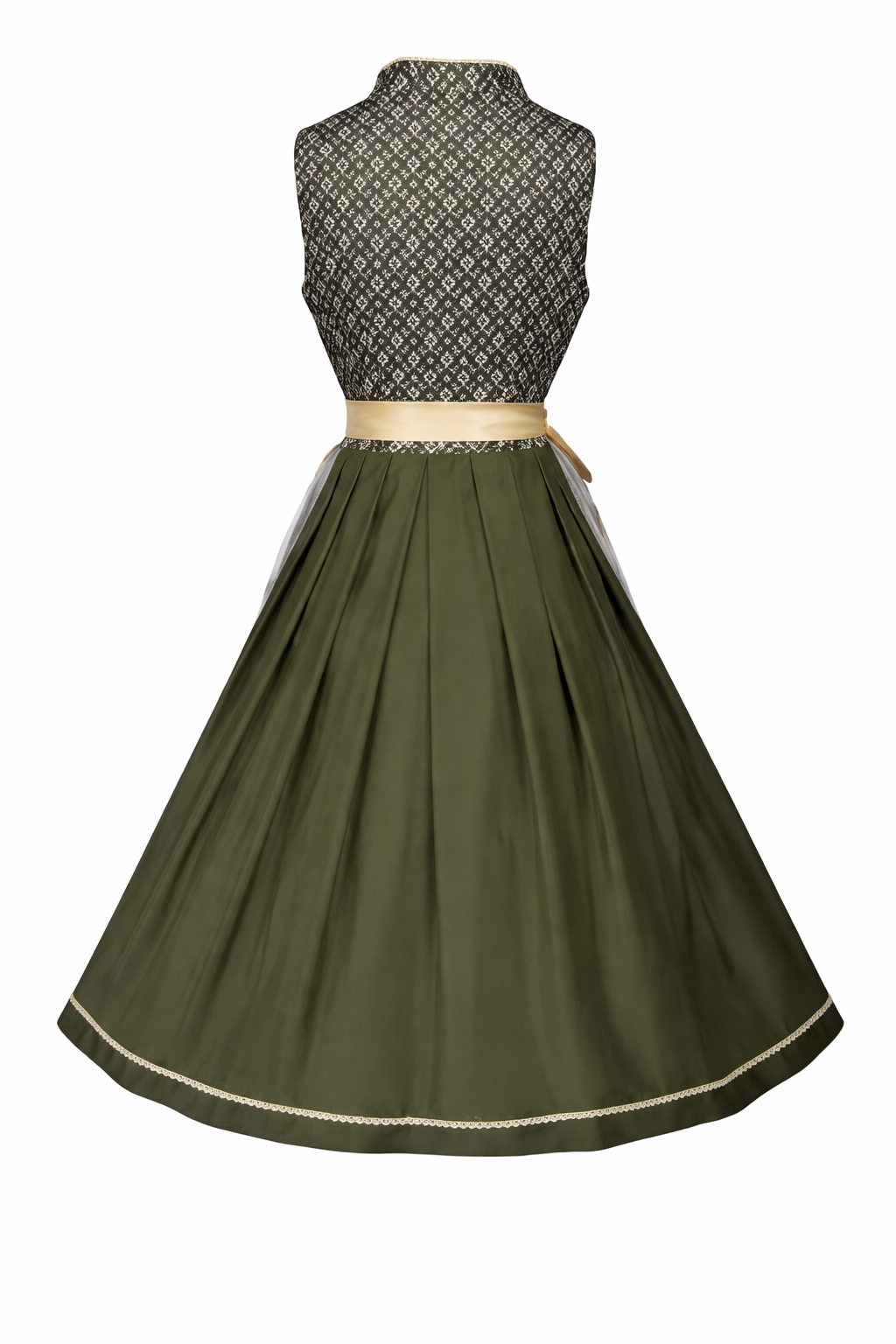Back view of the olive green dirndl with stand collar, patterned bodice, pleated plain skirt and a cream bow at the waist. 5