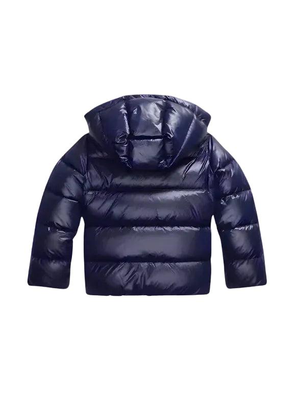 Back view of the glossy navy puffer jacket, showing horizontal quilted panels and the hood 3