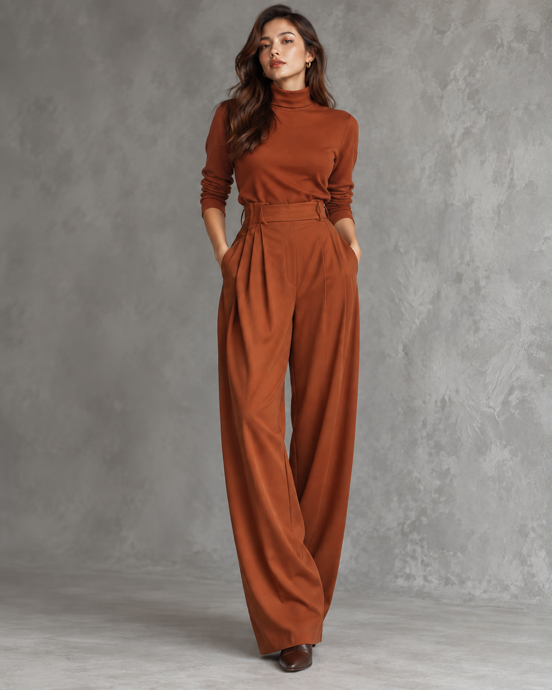 Model wearing the rust orange set, a fitted high neck top with pleated wide leg trousers 8
