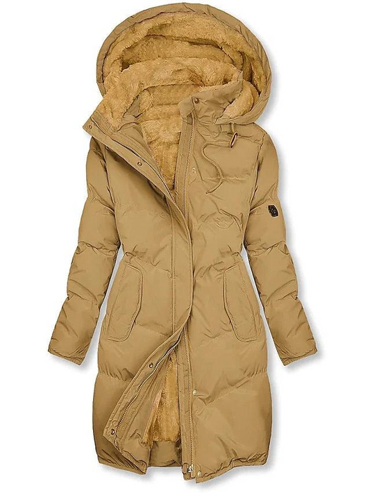 Front view of the padded coat in tan, partly unzipped to show the soft fleece lining in the hood and body. 1