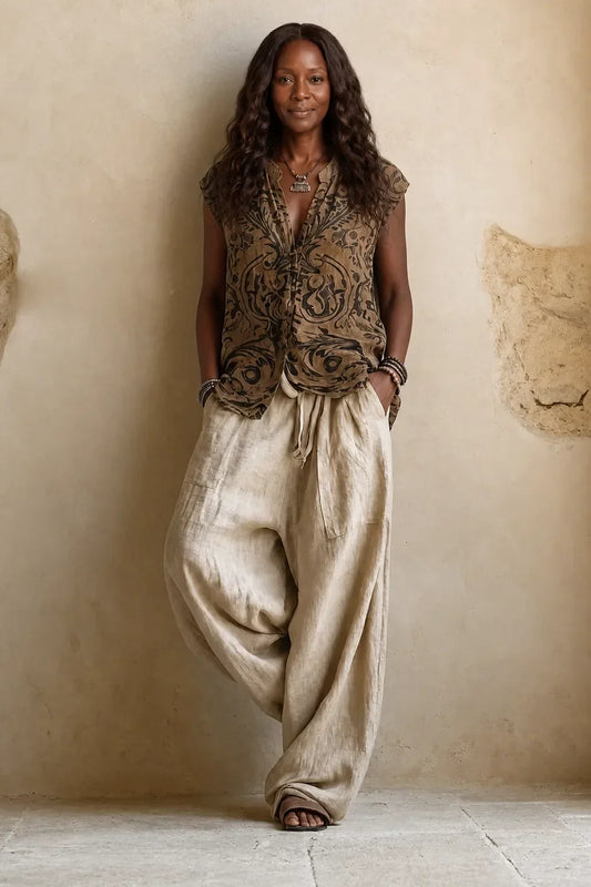 Model wearing only the sleeveless patterned top and loose drawstring trousers, hands in pockets, without the cardigan 2