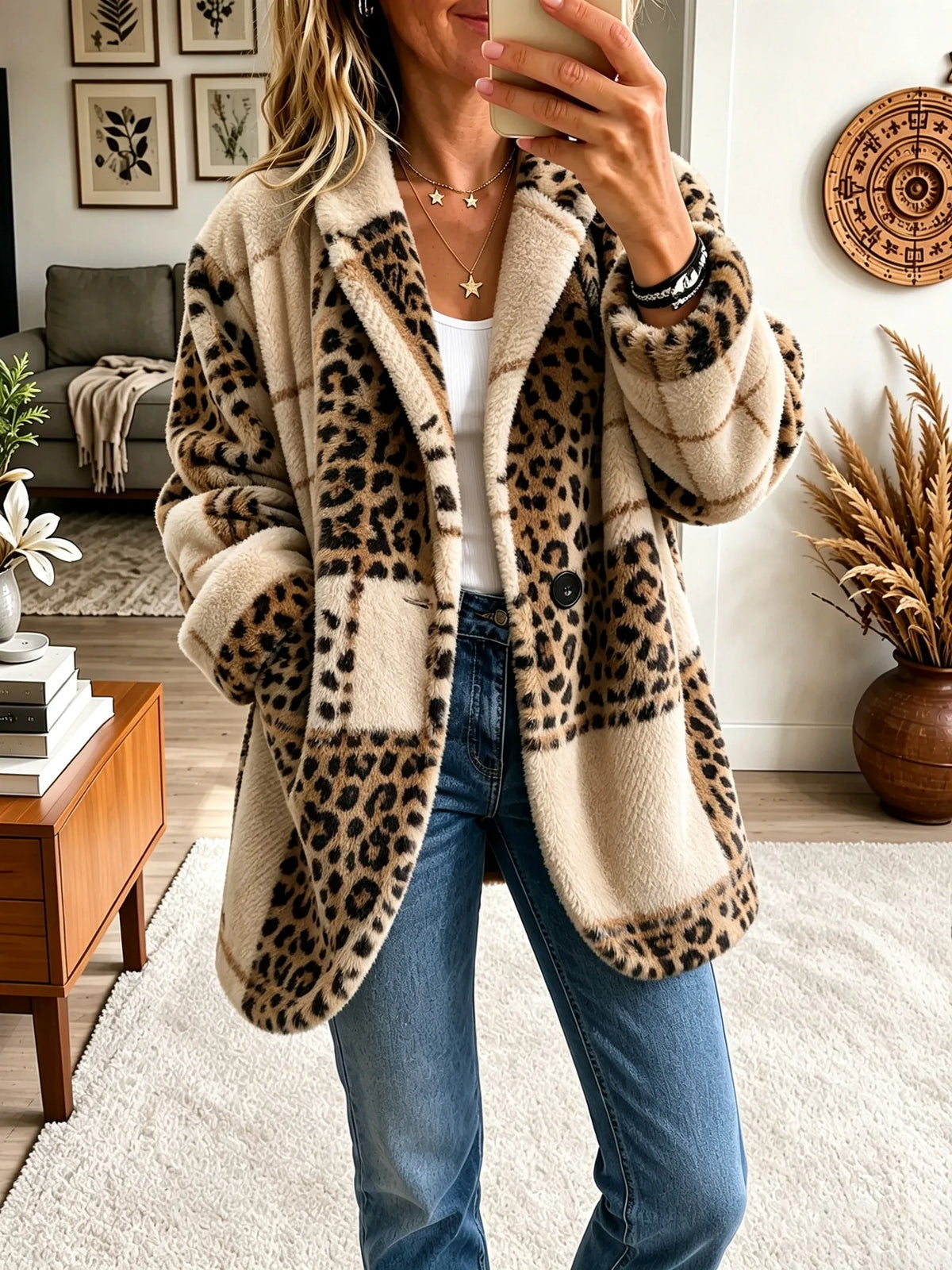 Model wearing the fluffy coat in a cream check with leopard print panels, worn open with jeans in a living room. 9