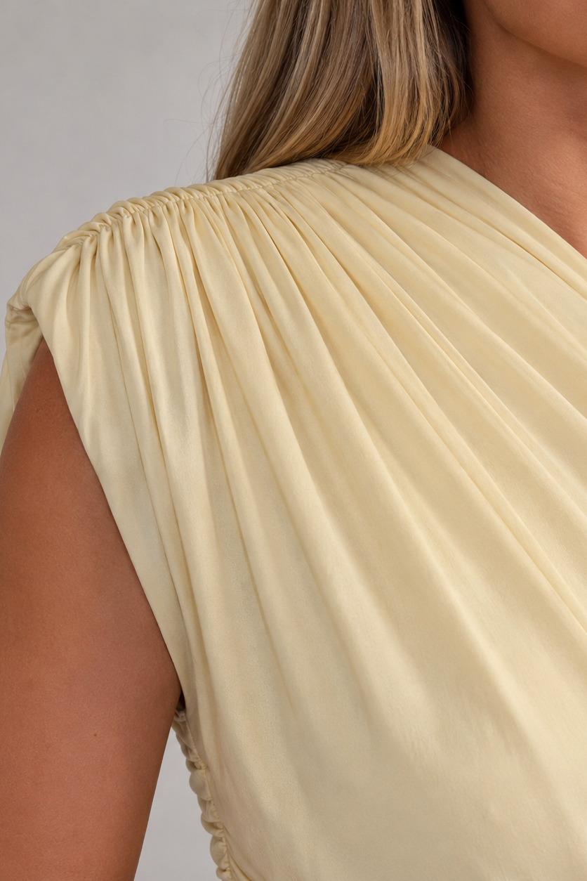 Close-up of the gathered, draped fabric on the shoulder of the pale yellow dress, showing the soft pleating. 4