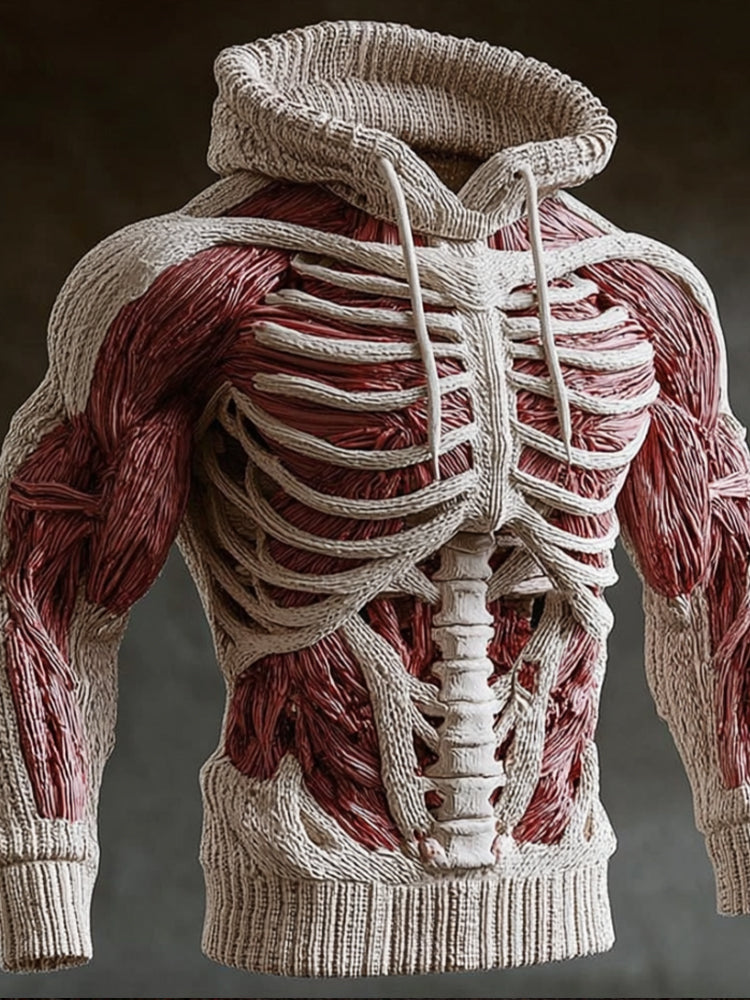 Cream version of the knitted hoodie with white-toned ribs and spine over red muscle-pattern panels 5