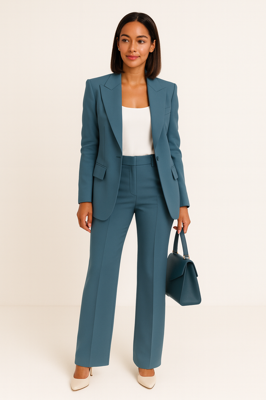 Full-length view of the teal blazer and flared trousers with a white top, cream heels and a matching teal handbag. 2