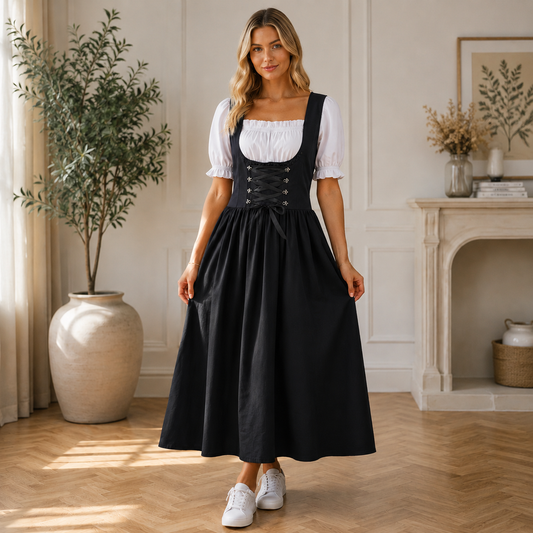 Woman modelling the black dirndl full length, with a laced bodice, flared midi skirt and white puff-sleeve blouse, styled with white trainers. 1