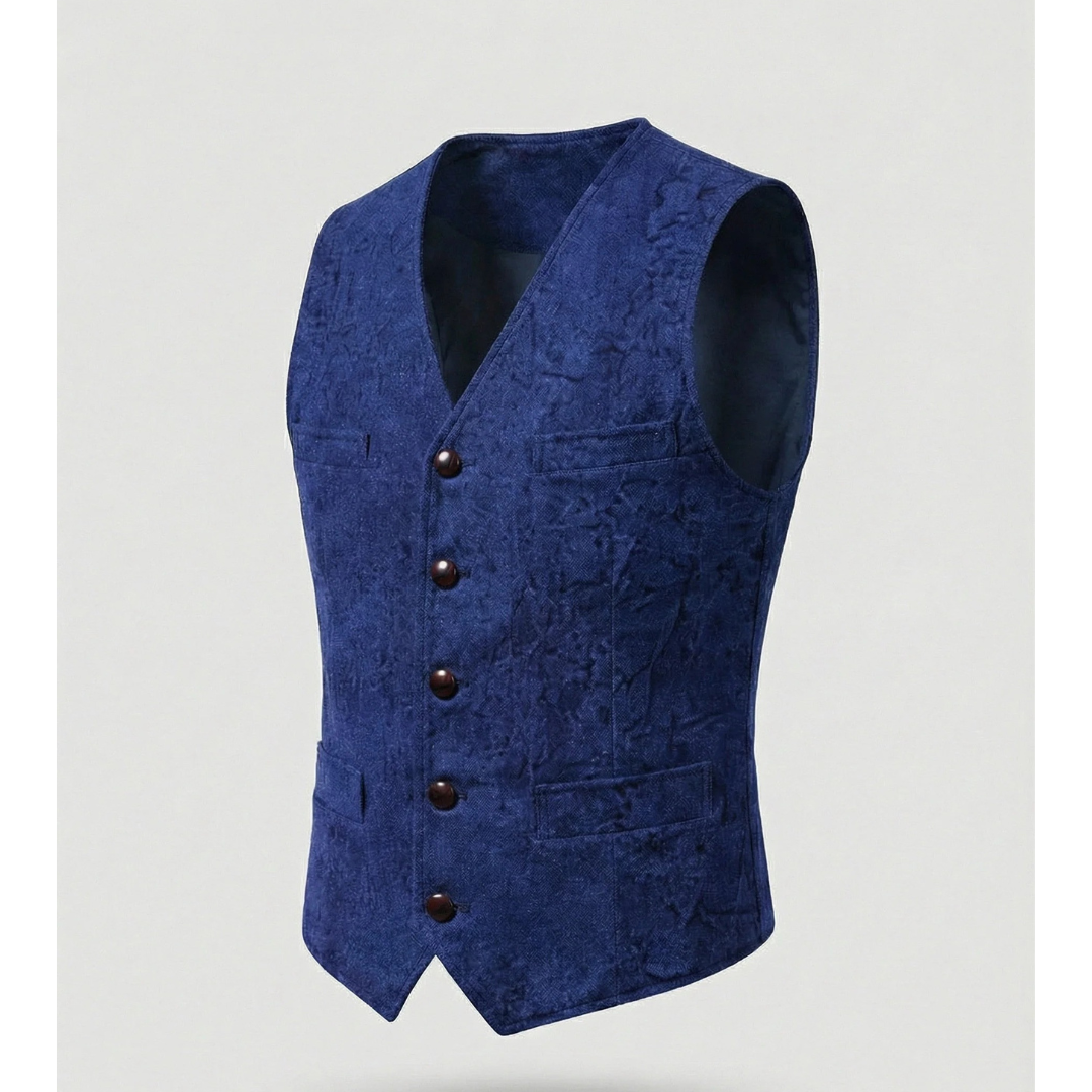 Bright royal blue version of the waistcoat shown on its own, with V-neck, five buttons, flap pockets and mottled texture. 9