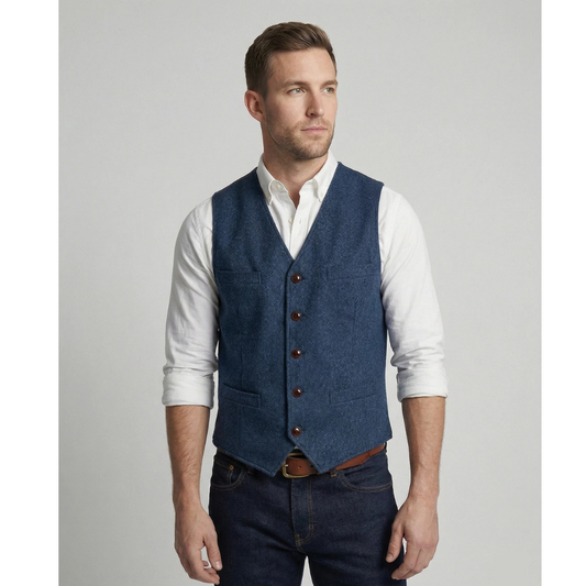 Front view of a model wearing the blue textured waistcoat with brown buttons over a white shirt, with dark jeans and a leather belt. 2