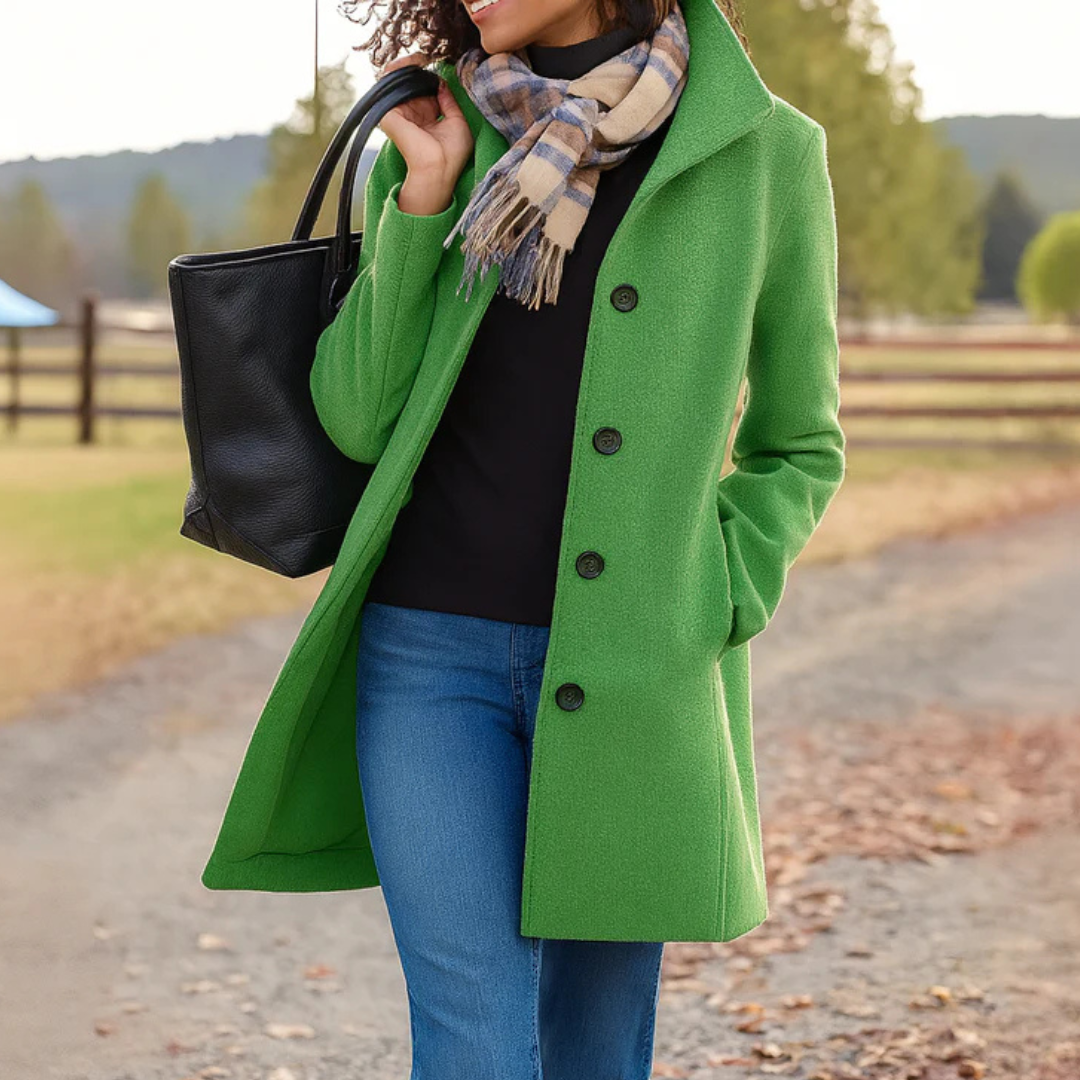 Light green version of the coat with a stand-up collar, worn with a black top, jeans, scarf and black tote. 10