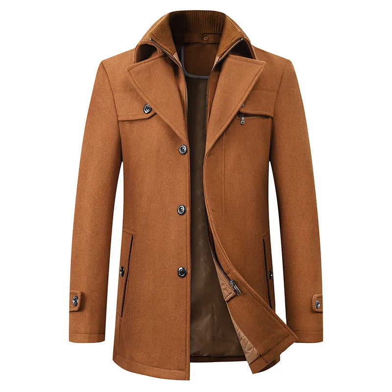Front view of the camel-brown version, showing the brown lining and knitted inner collar 5