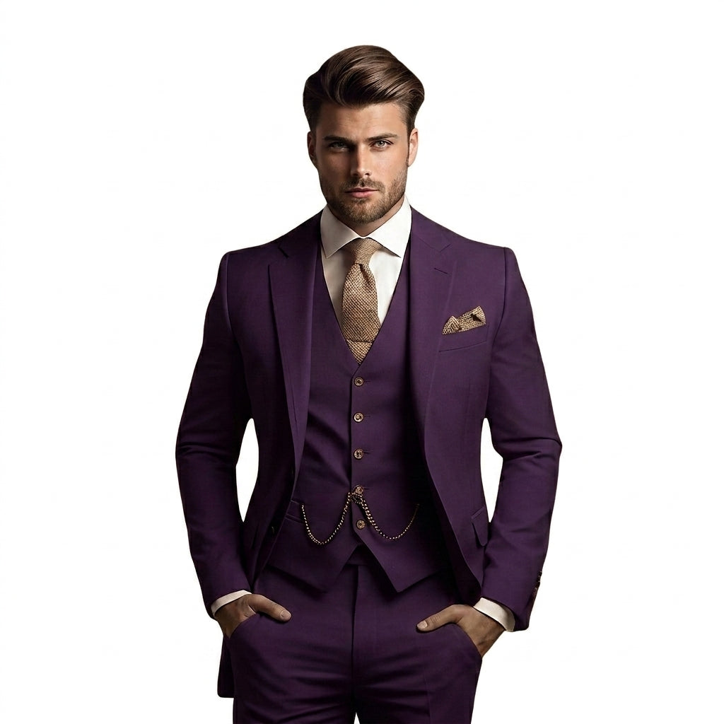 Model in the dark purple three-piece suit with waistcoat and chain, white shirt and a tan textured tie and pocket square. 6