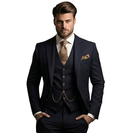 Model in the navy three-piece suit with matching waistcoat and chain, white shirt and a tan textured tie, hands in pockets. 1