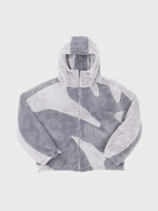 Front view of the same zip-up fleece hoodie in light and mid grey panels 2