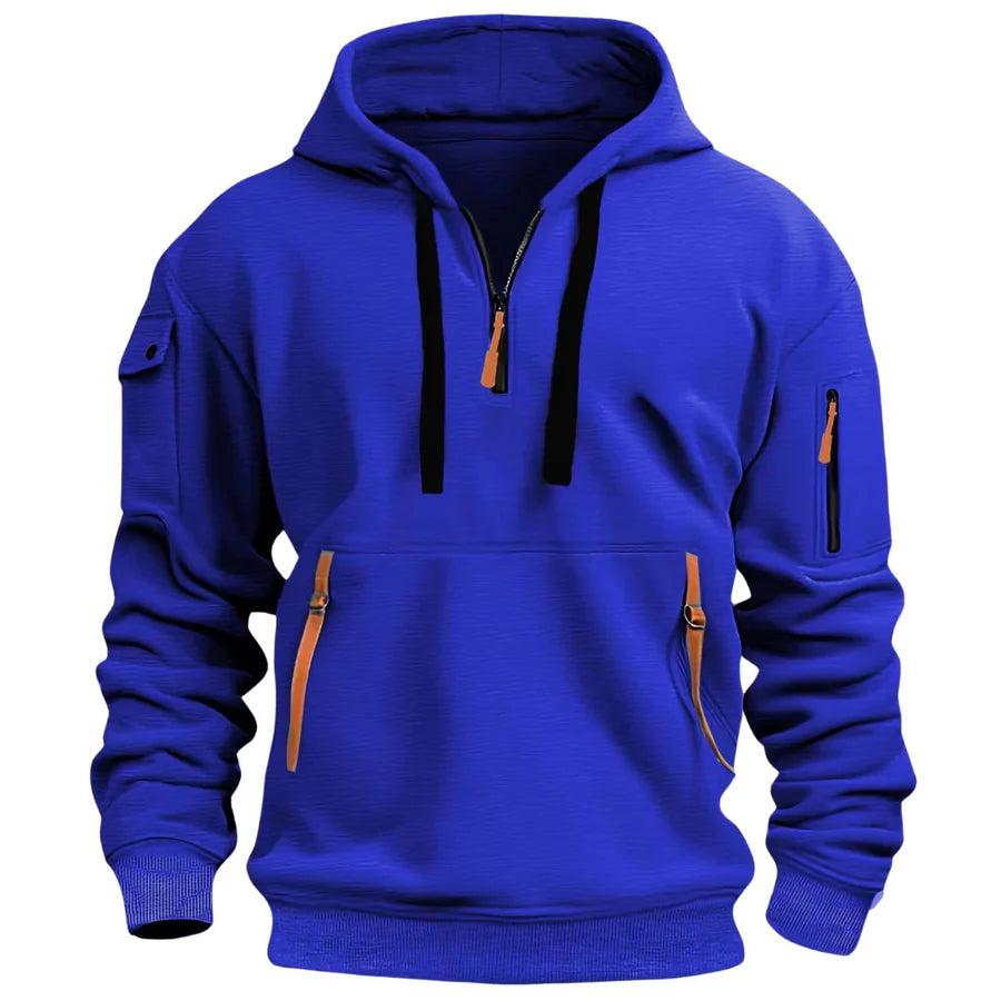Front view of the royal blue quarter-zip hoodie with black drawstrings and orange pocket zip tapes 7